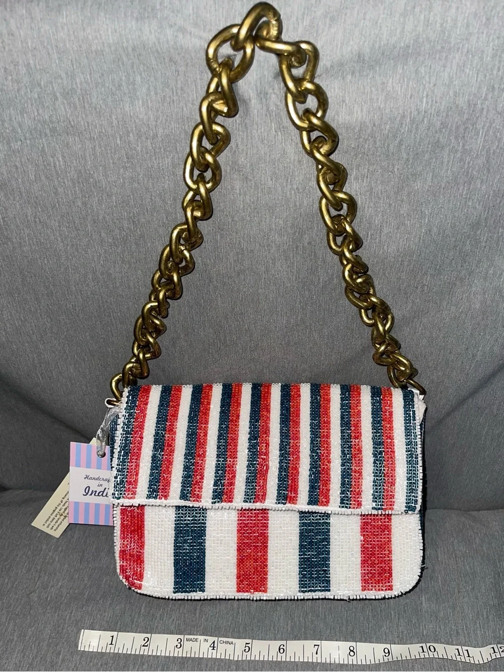 Viral Handcrafted In India Beaded Red White & Blue Shoulder Bag Chain Handle NWT